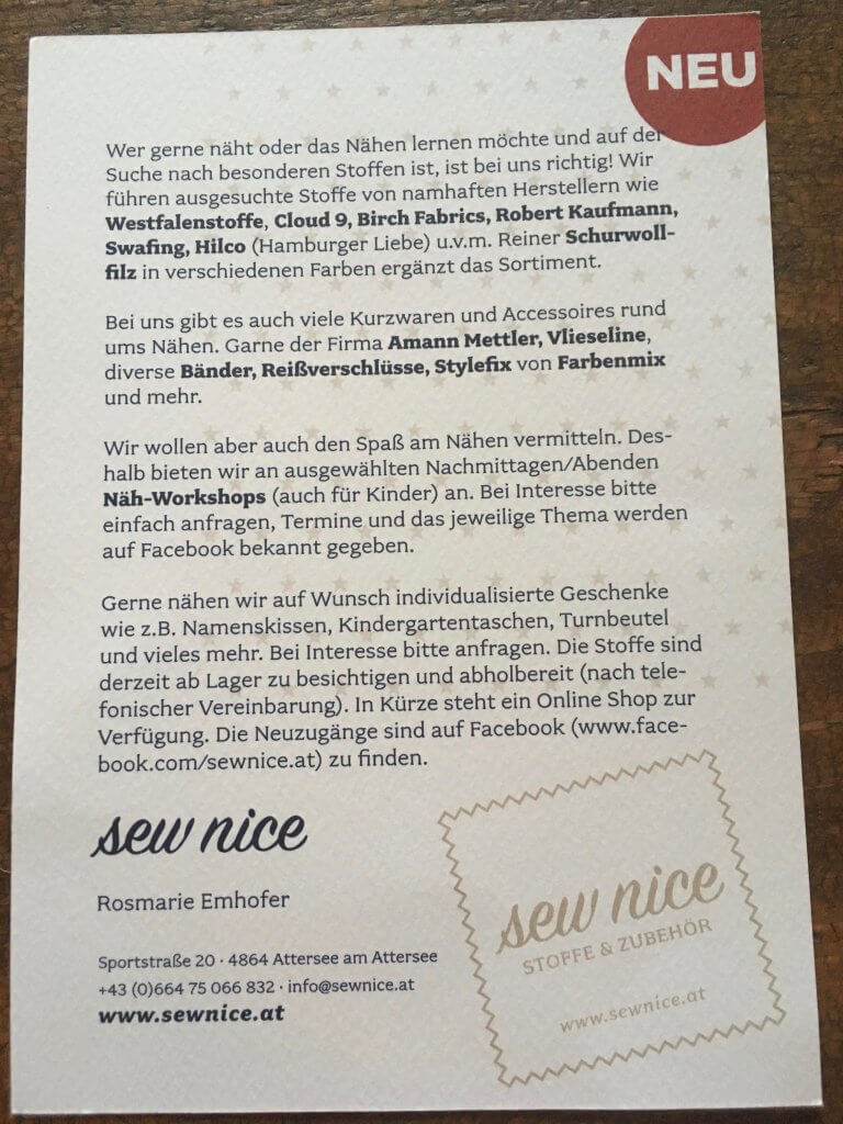 Beschreibung eines Nähgeschäftes mit Stoffen, Workshops und mehr